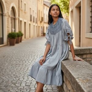 Celista Smocked Yolk Puffy SS 100% Cotton Dress  Pockets  Small